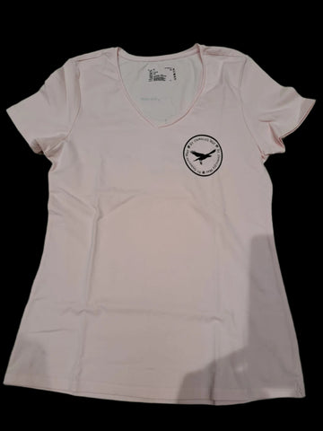Pink t-shirt with a black St Oswald's Way logo