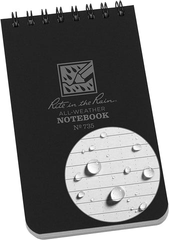 Rite in the Rain Weatherproof Top Spiral Notebook, 3" x 5" Black